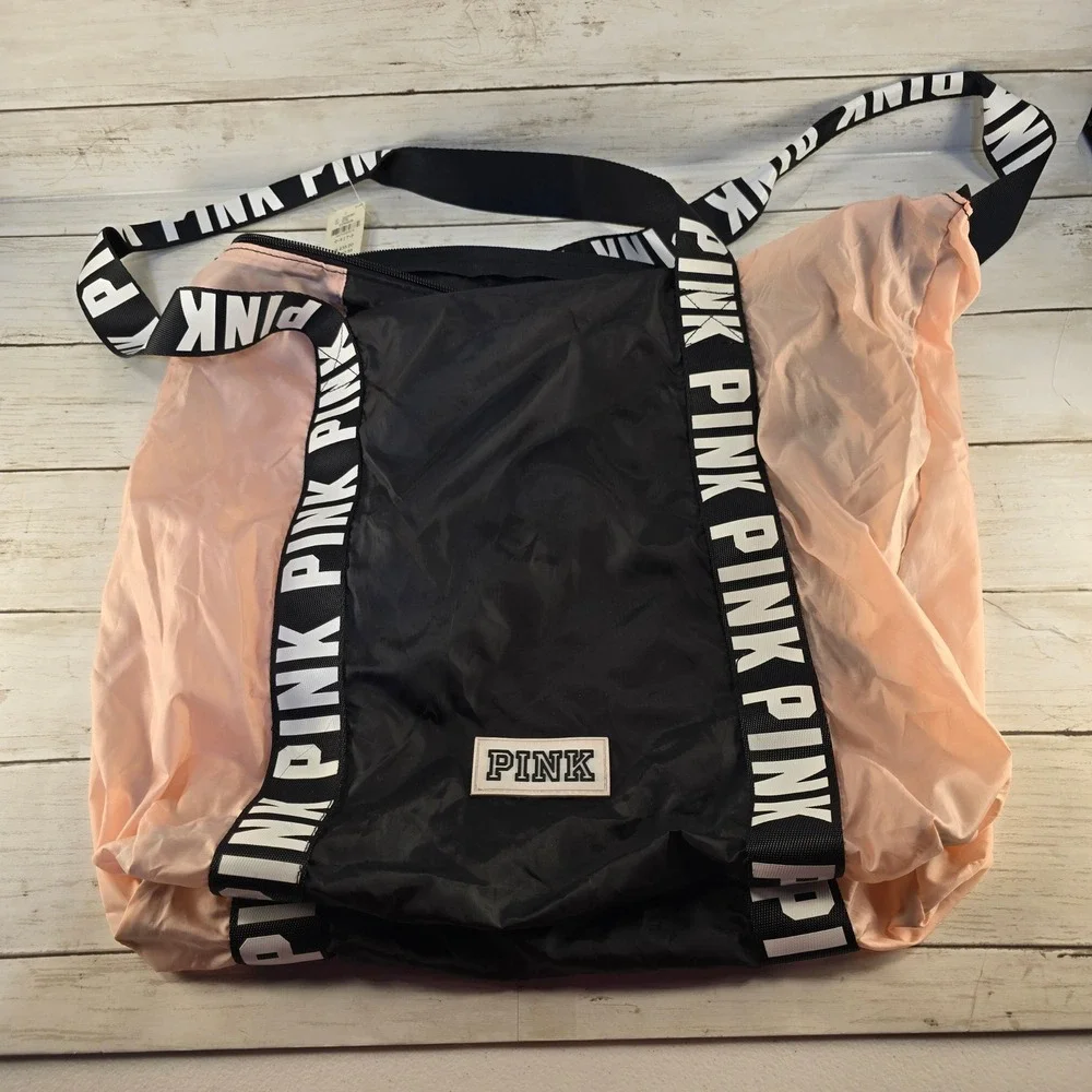 Pink Victoria's Secret Nylon Tote‎ Bag Black Peach Logo Strap 11125387
